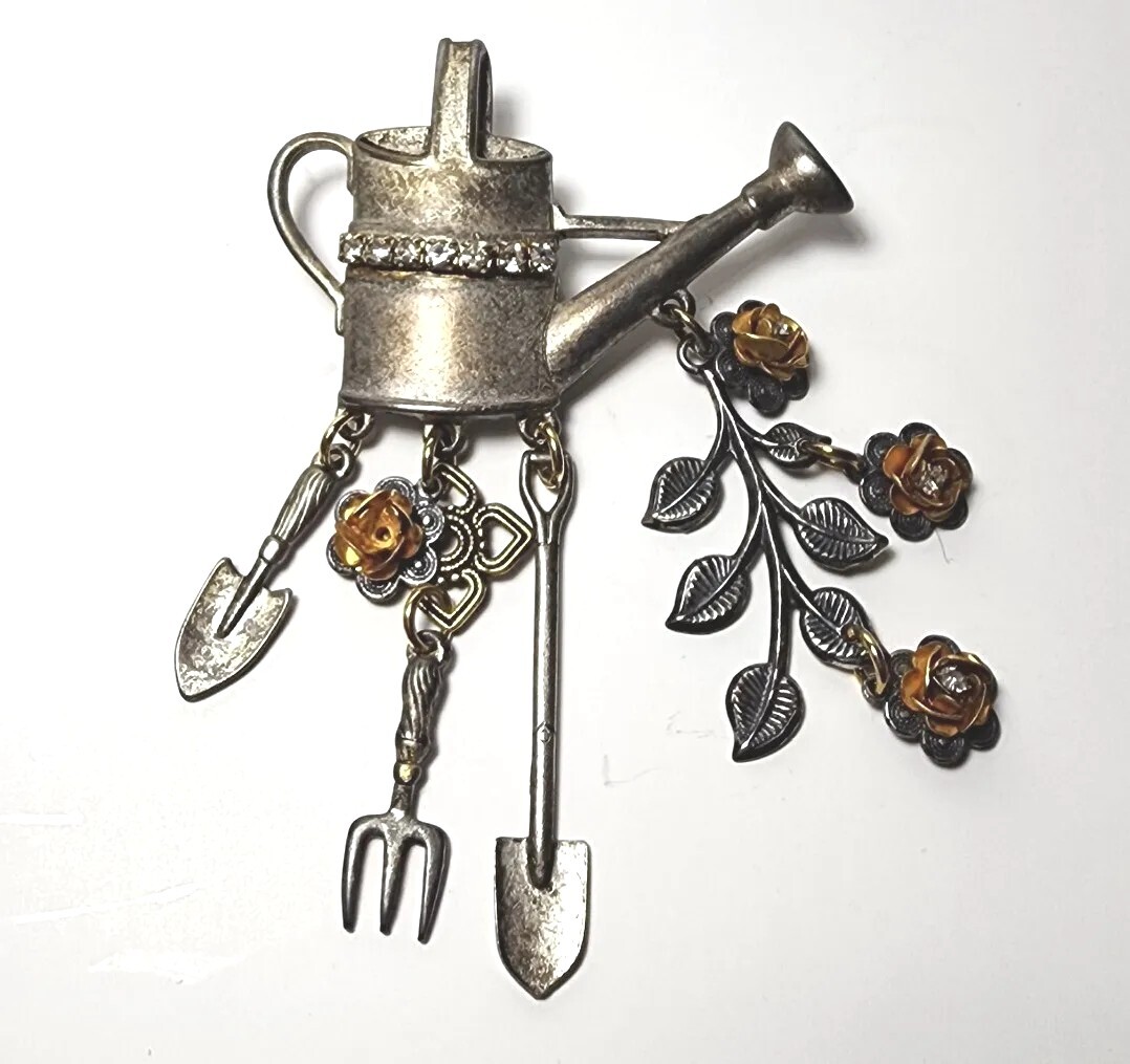 Vintage Jewelry Pewter Metal Garden Brooch Pin w Rhinestones & Gold Flowers