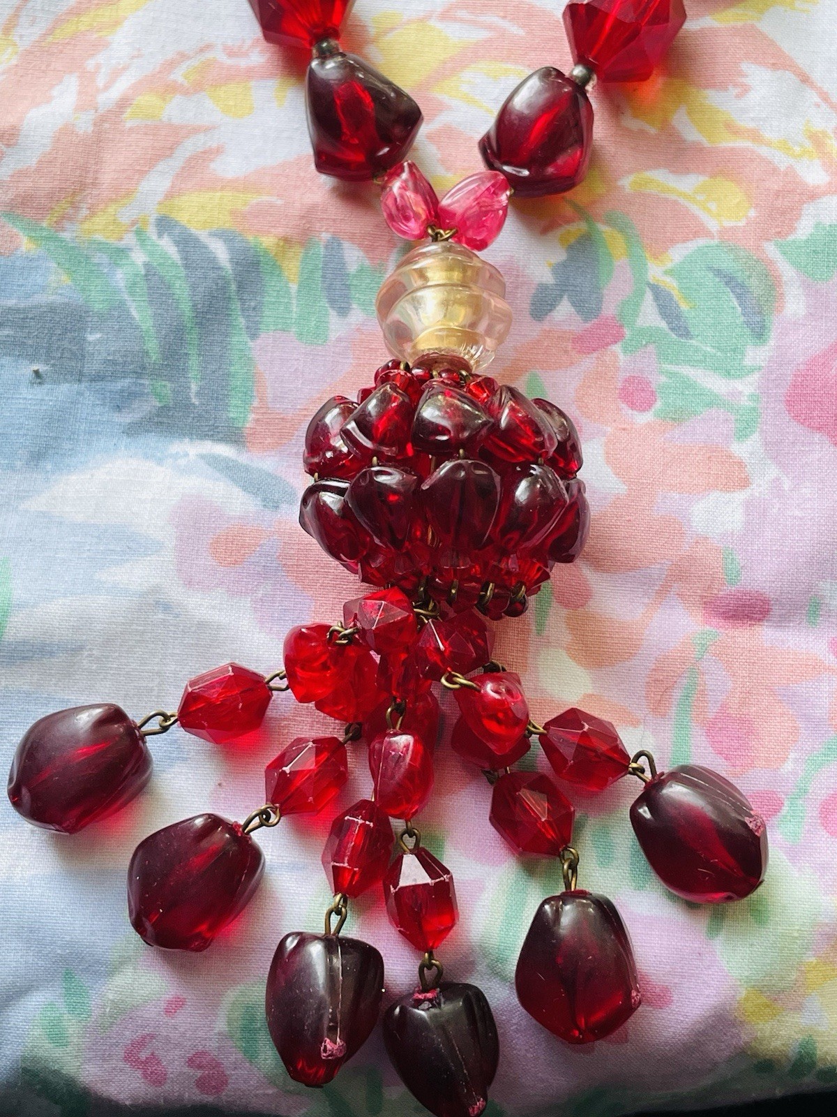 Vintage Signed Germany Necklace And Earring Set Red And Pink Acrylic Beads 1940s