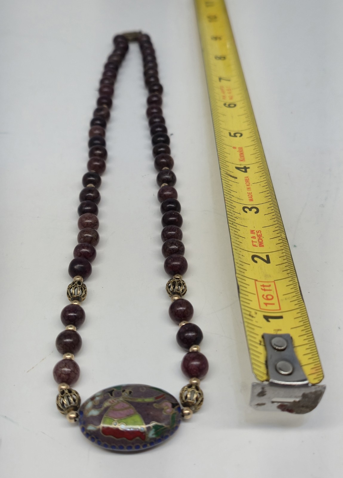 Dragon Vein Agate Bead W/ Cloisonne Enamel Pendant Necklace 18″ Sterling Clasp