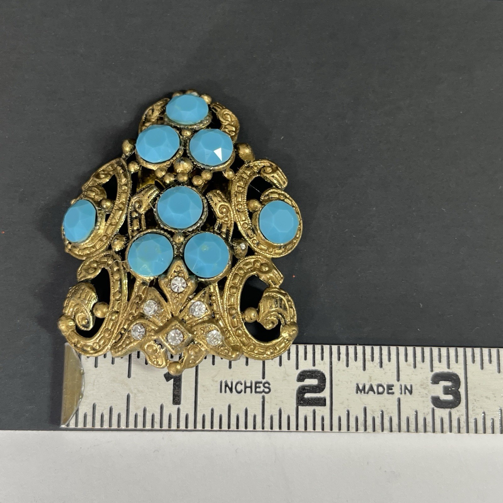 New England Glass Works Dress Clip Turquoise Rhinestone Gold NE Antique Vtg