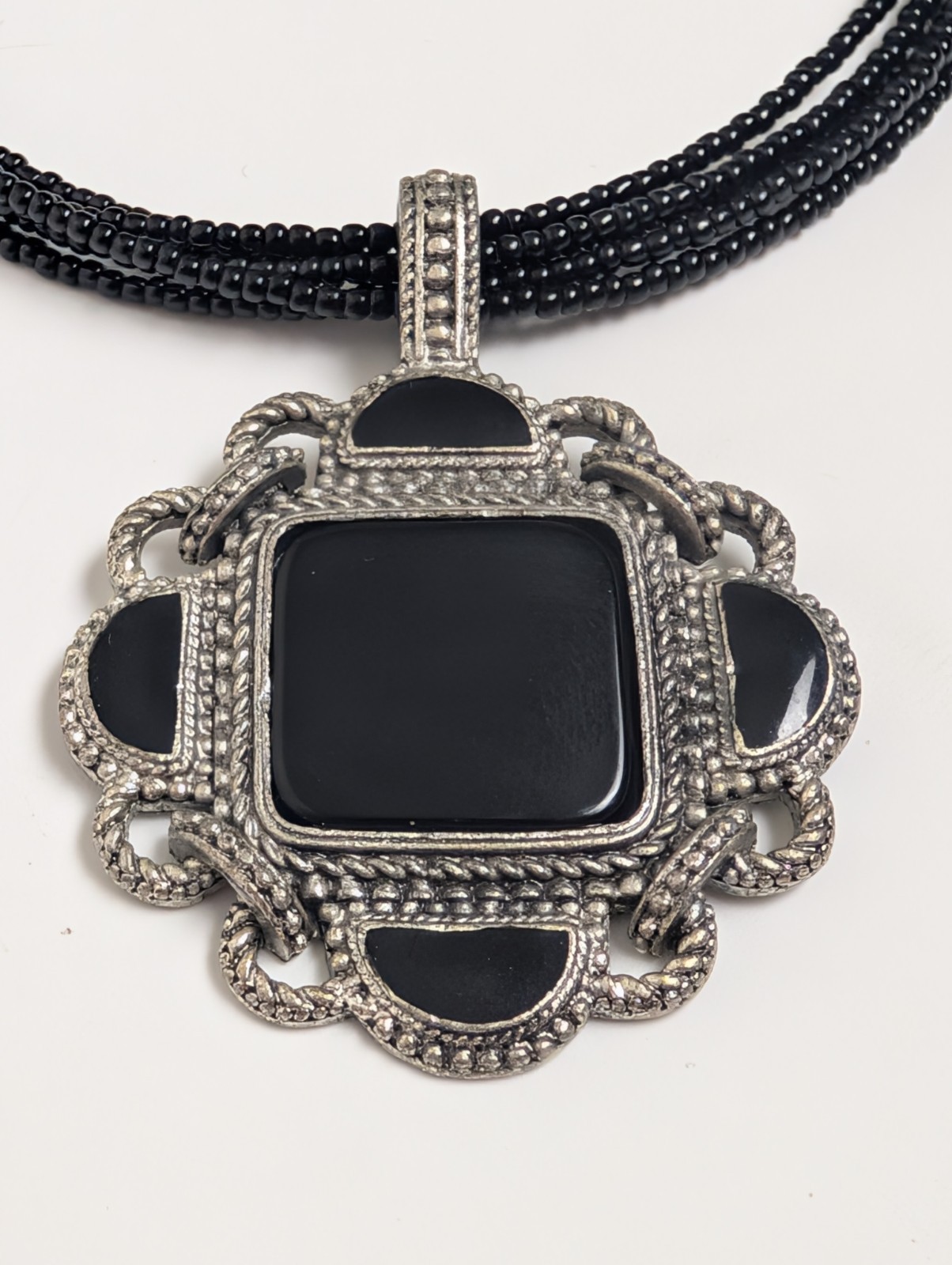 Vintage Black Beaded Necklace with Large Silver Tone Pendant – Gothic Boho Style