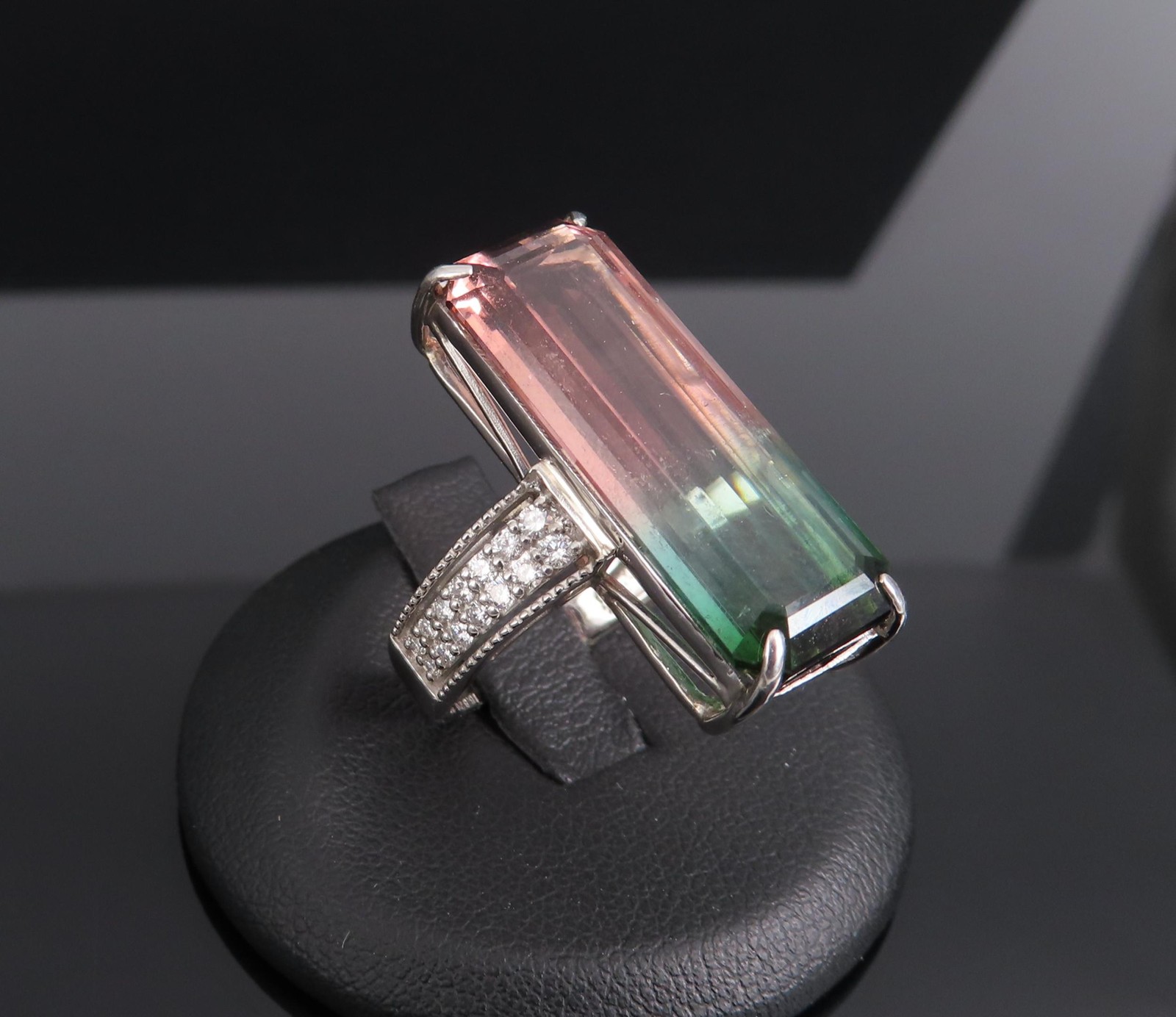 Rare 15.82ct Natural Party Color Tourmaline 0.35ct Diamond Platinum Ring, Size 7