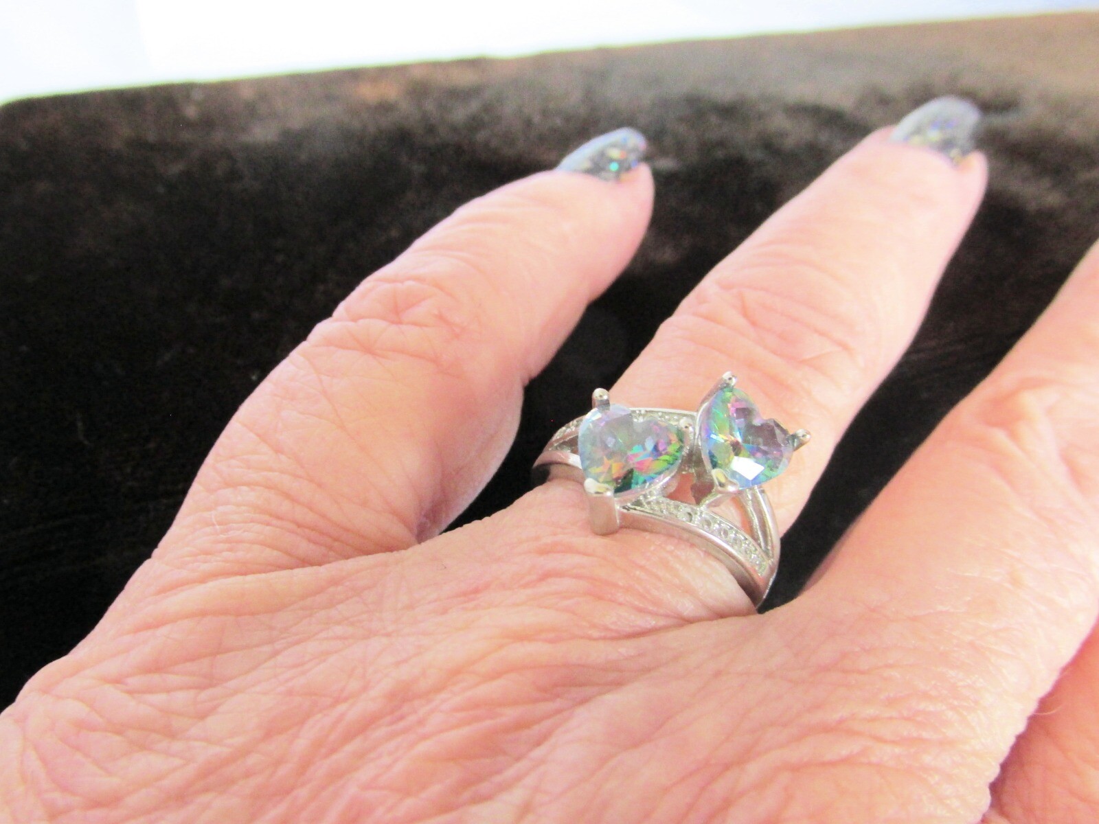 Vintage 925 Sterling Silver Mystic Topaz Double Hearts Ring Signed Sz 6