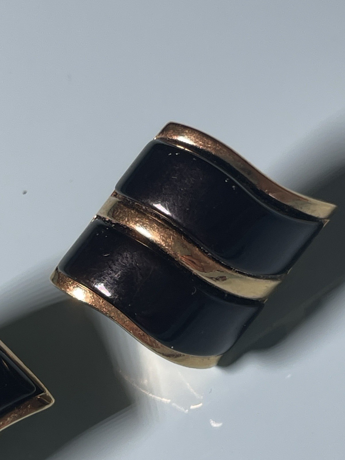 Vintage Black Enamel Gold Tone Clip On Earrings Wave Design Statement Earrings