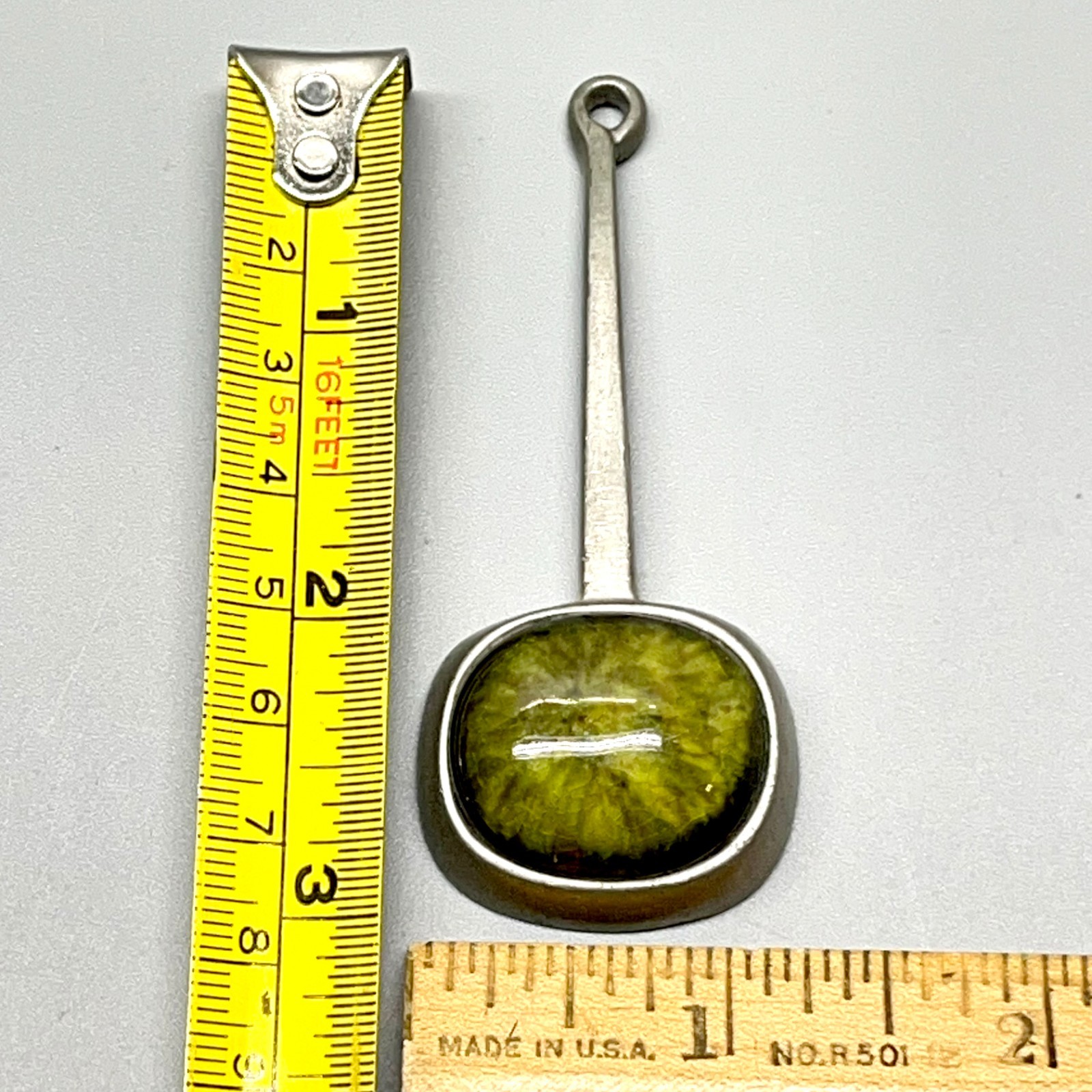 Signed Roland Landerholm Tenn Vintage Modernist MCM Pewter Green Ceramic Pendant