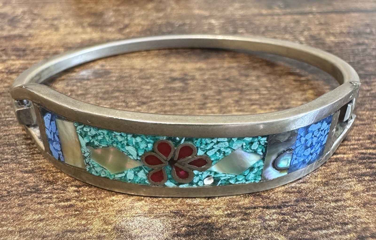 Vintage Taxco Mexico Alpaca Silver Chip Inlay Multi Stone Hinged Bracelet