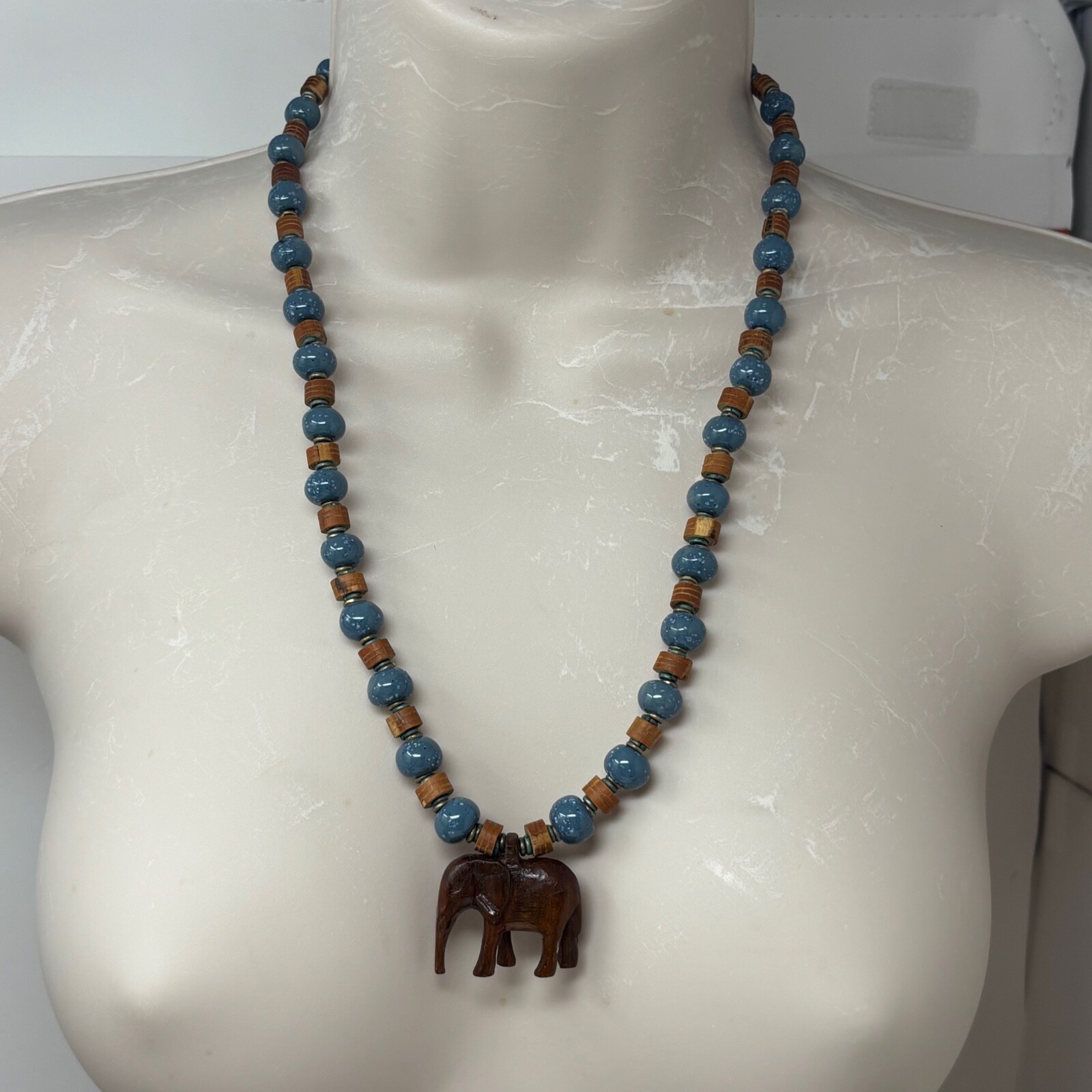 Vintage Beaded Necklace Blue Ceramic Tan Wood with Elephant Pendant Verdigris