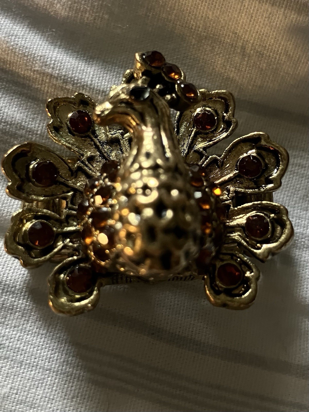Peacock Expanding Ring Gold Tone Amber Color Fashion Jewelry Vintage Statement