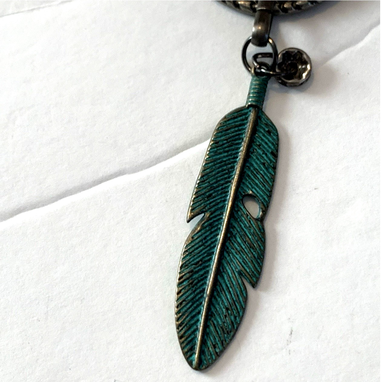 Vintage Southwestern Necklace Patina Feather Concho Talisman White Acrylic Boho