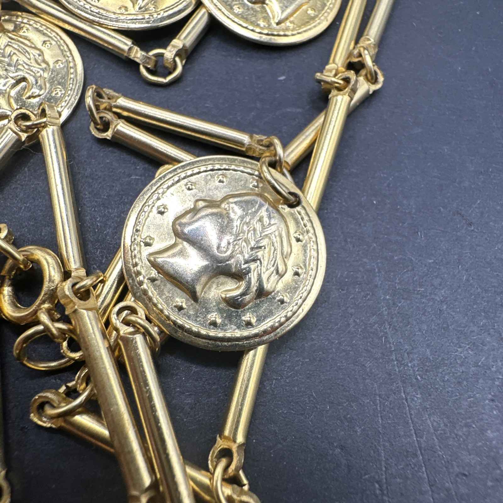 Vintage Necklace Chain Station Coin Charm Dangle Bar Link Goldtone 54”