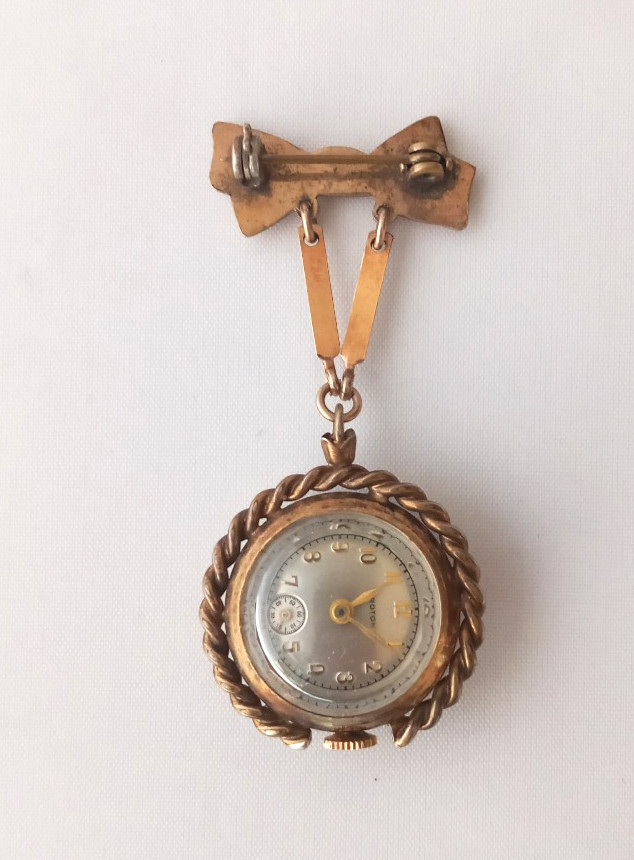 Vtg. CROTON Deco Enamel Guilloche Bow Pin Brooch Manual Swiss Watch