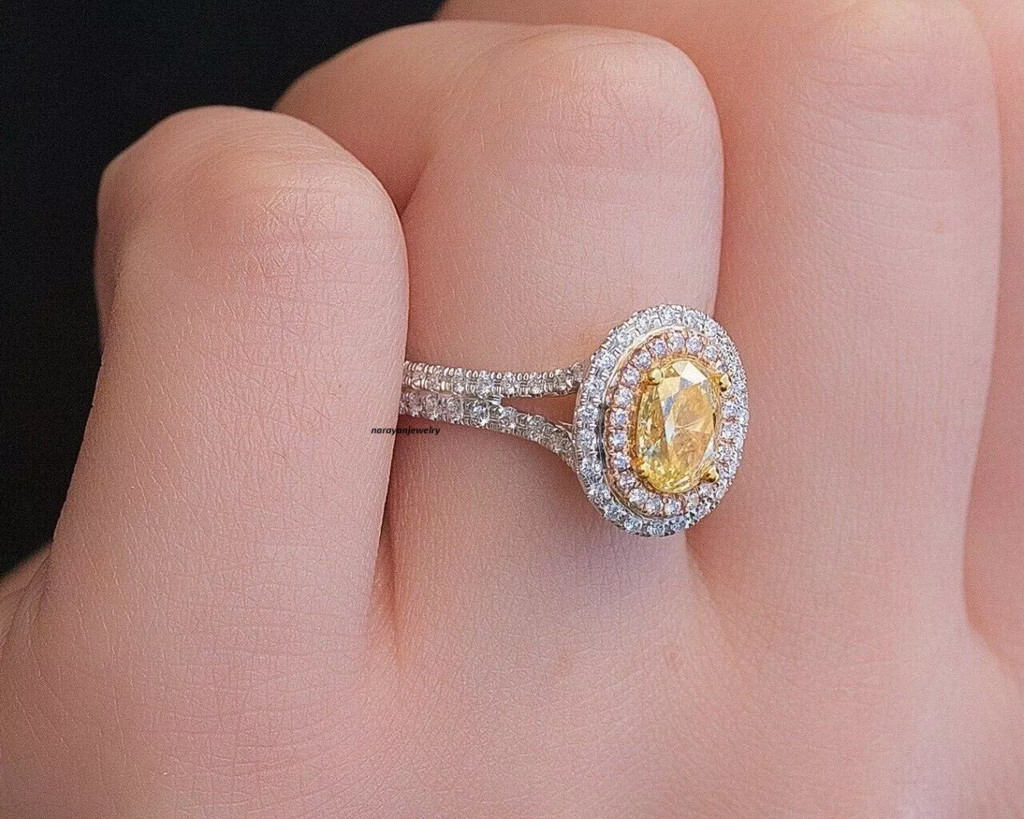 2.50 CT Oval Cut yellow Citrine & CZ Halo Wedding & Engagement Ring 925 Silver.