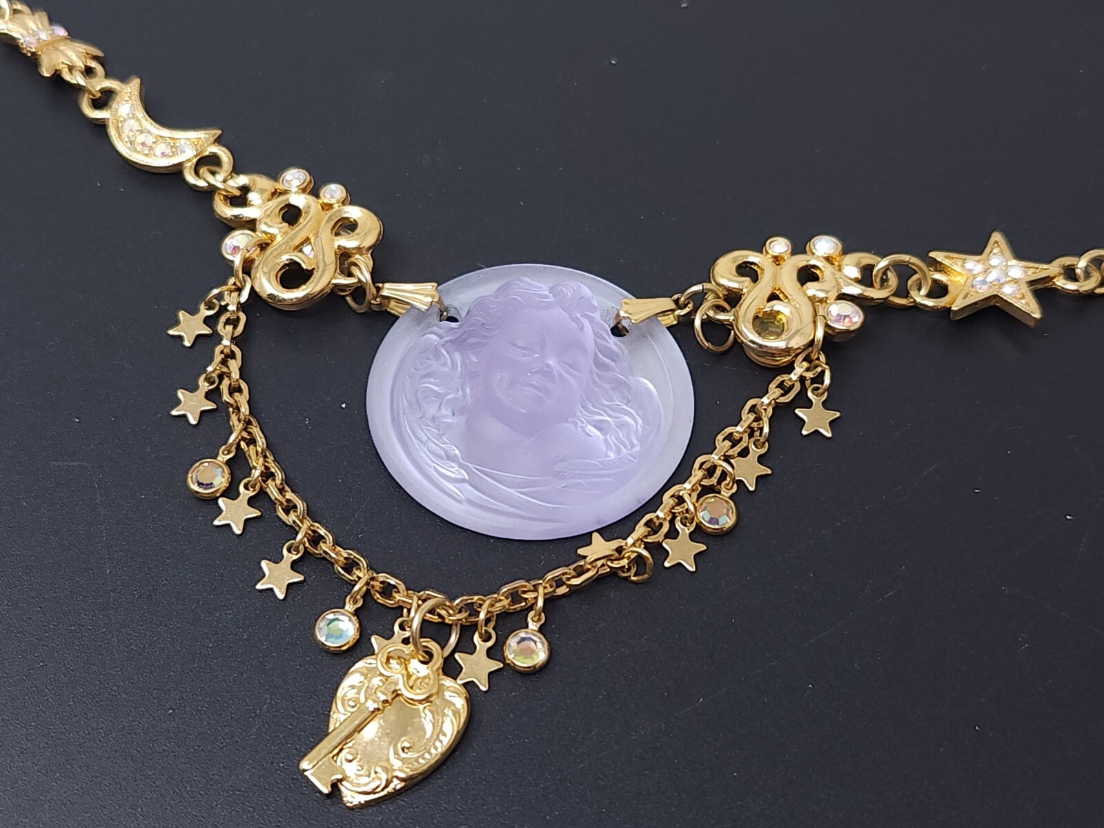 Vintage Kirks Folly Lavender Dream Angel Rhinestone Gold tone Necklace 17″