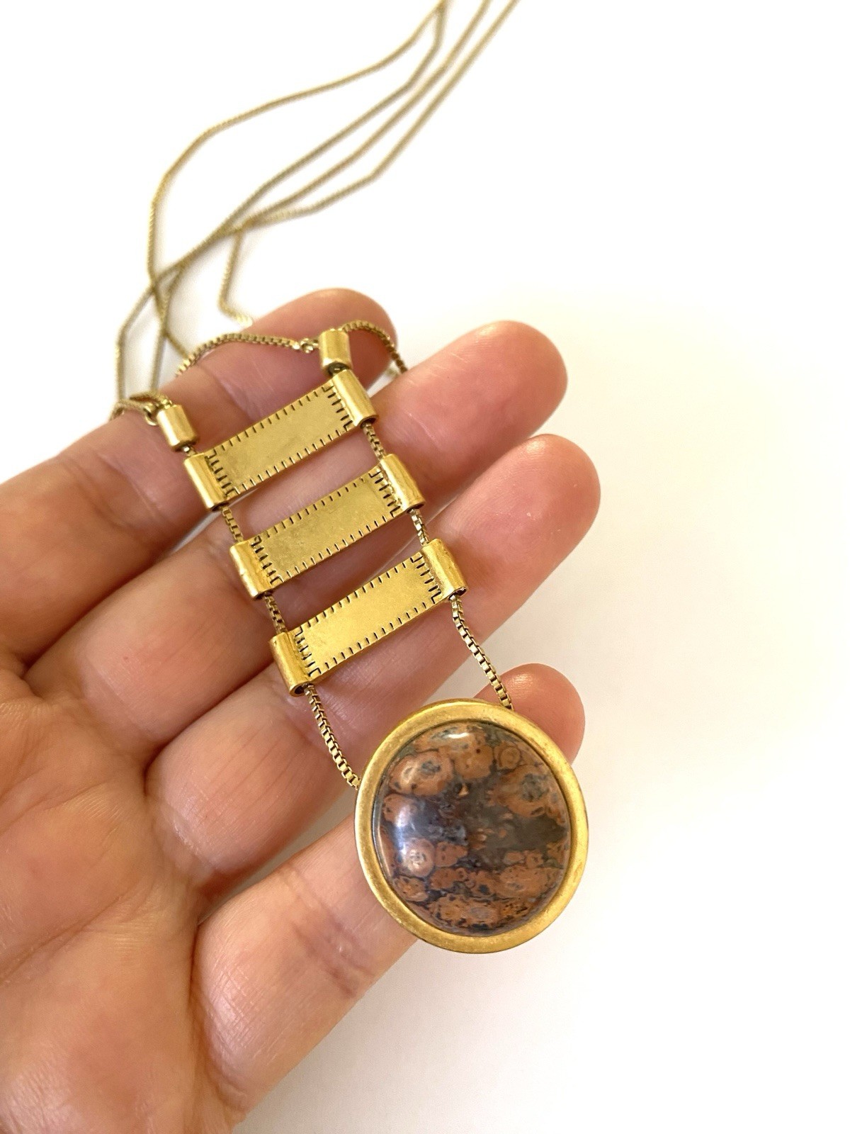 Fashion Long Necklace Gold Tone Modernist Person Metal Stone Pendant Signed M
