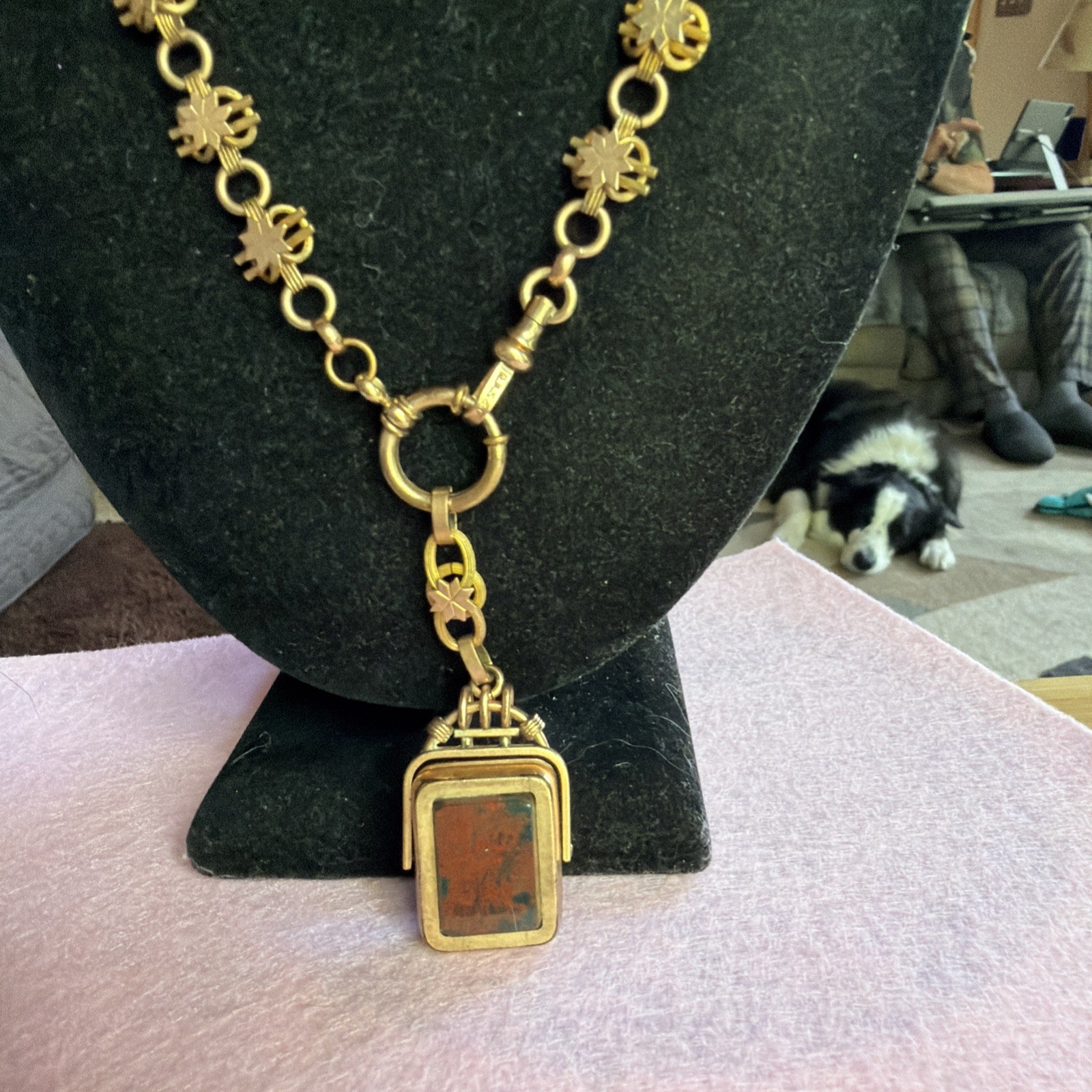 Victorian Lovely 59g Gold Fill Book Link Necklace GF Agate Bloodstone Locket Fob