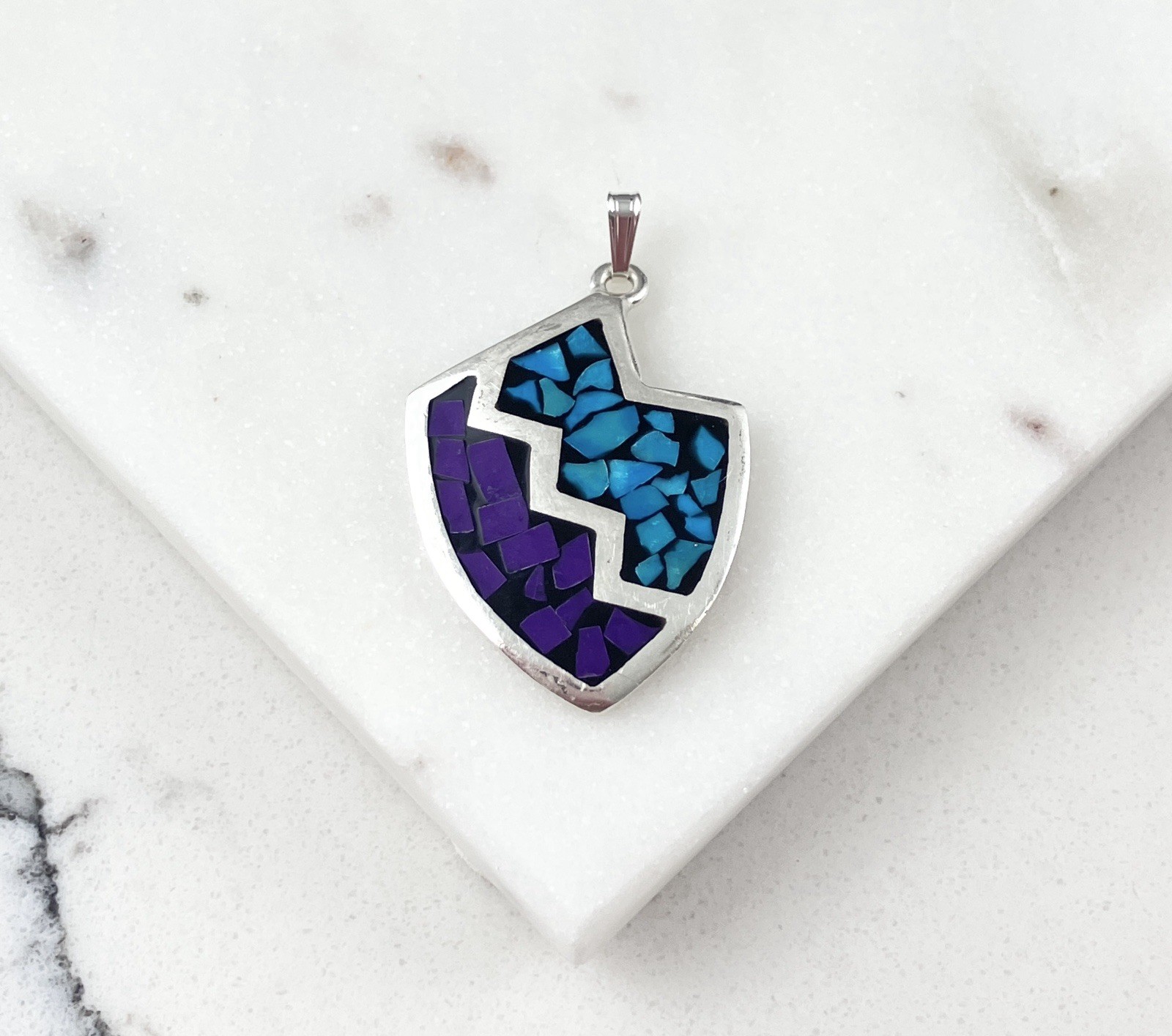 Vintage 925 Sterling Silver Mexico Blue Purple Turquoise Modernist Pendant