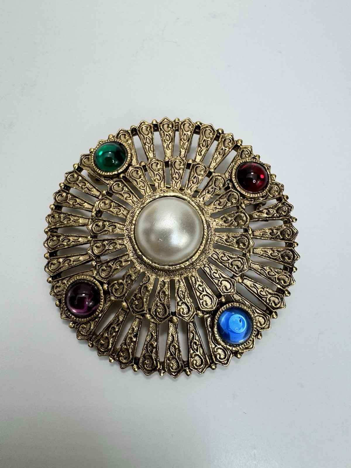 Vintage Gripoix Glass Cabochon Pearl Sunburst Brooch Gold Tone MCM