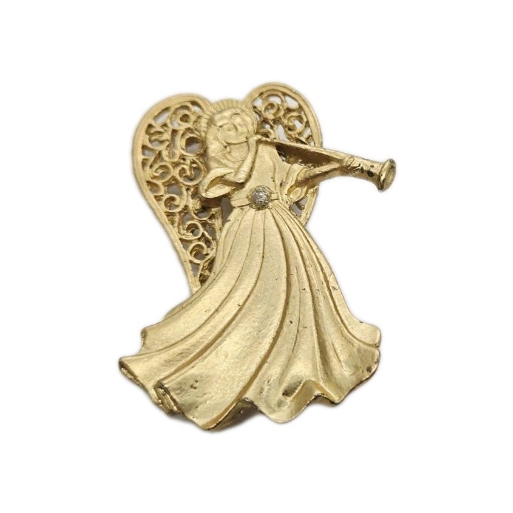 Angel Brooch Gold Tone Guardian Pin playing Horn Victorian Vintage 2 in