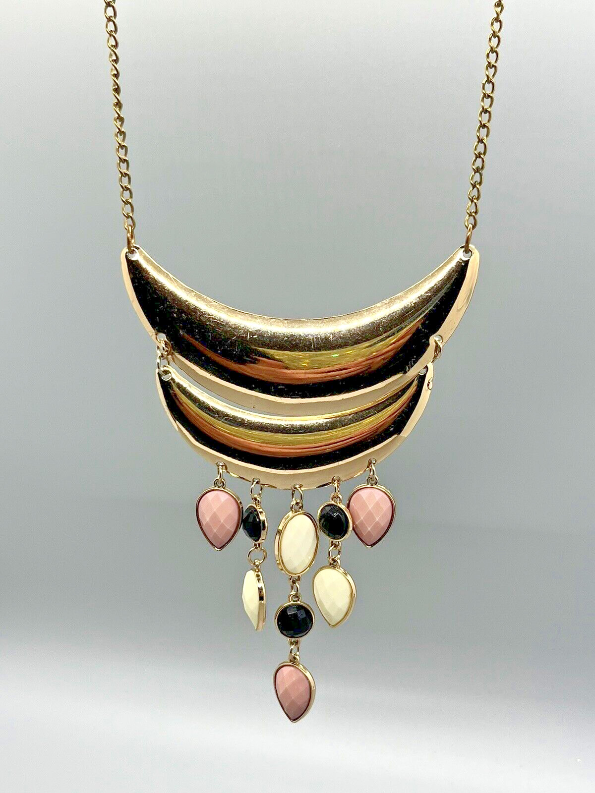 Gold Bib Vintage Necklace with Pink, Black and Ivory Cabochons – 18 Inches