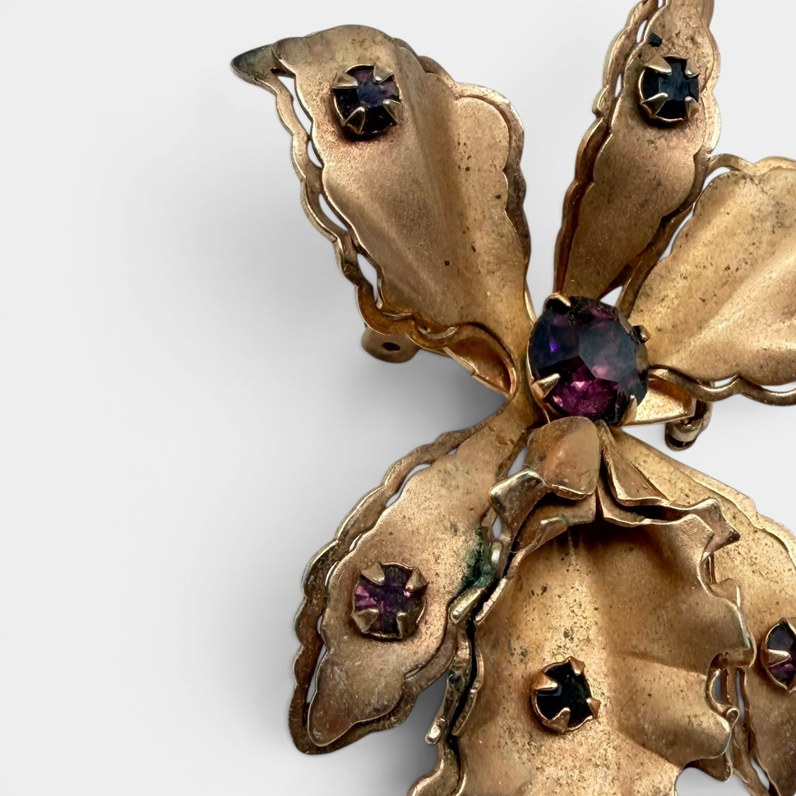 Vintage Orchid Flower Brooch Pendant Purple Rhinestones Gold Tone Floral Pin 2″