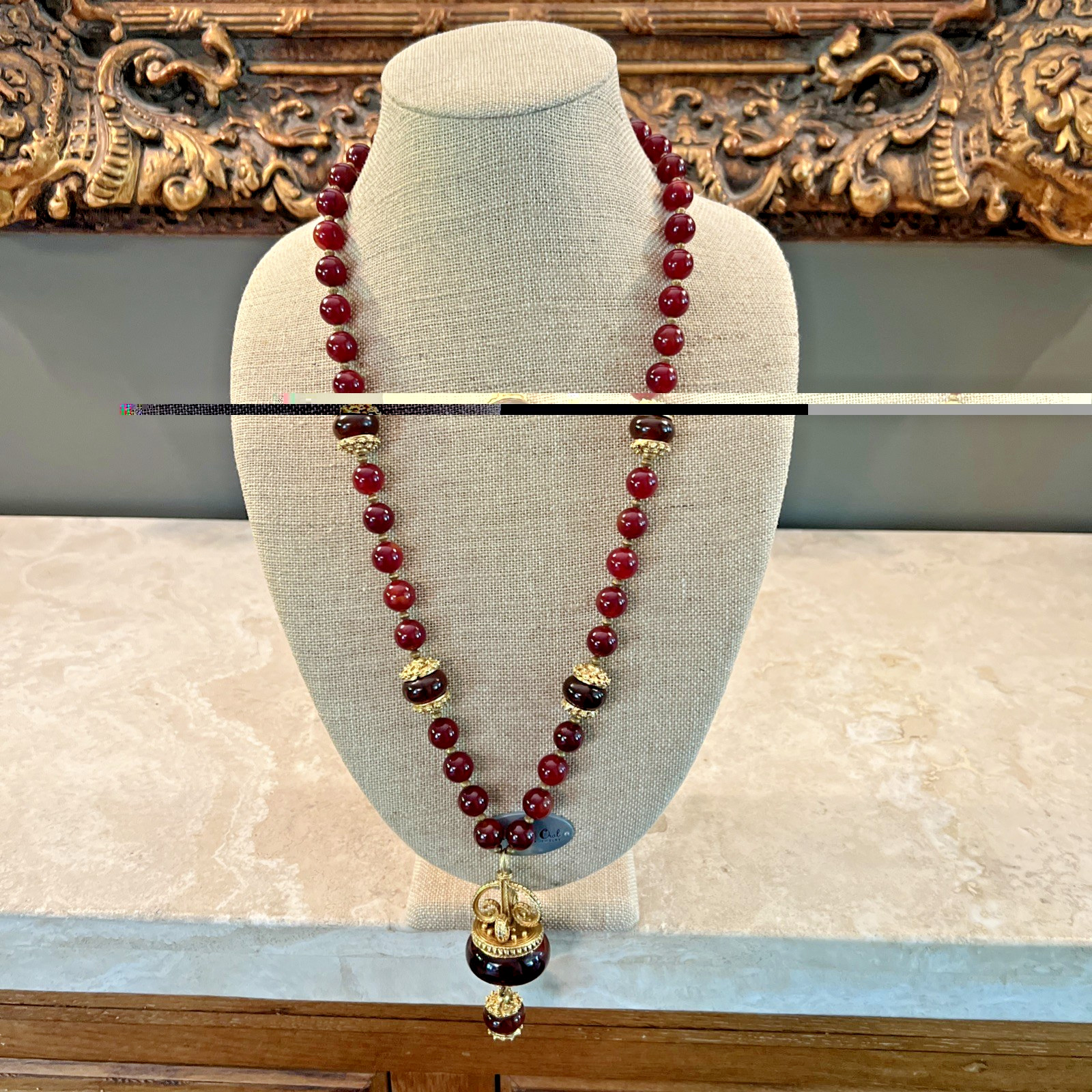 VTG SIGNED KENNETH LANE CARNELIAN RED AMBER GLASS BEAD PENDANT NECKLACE RARE 33″