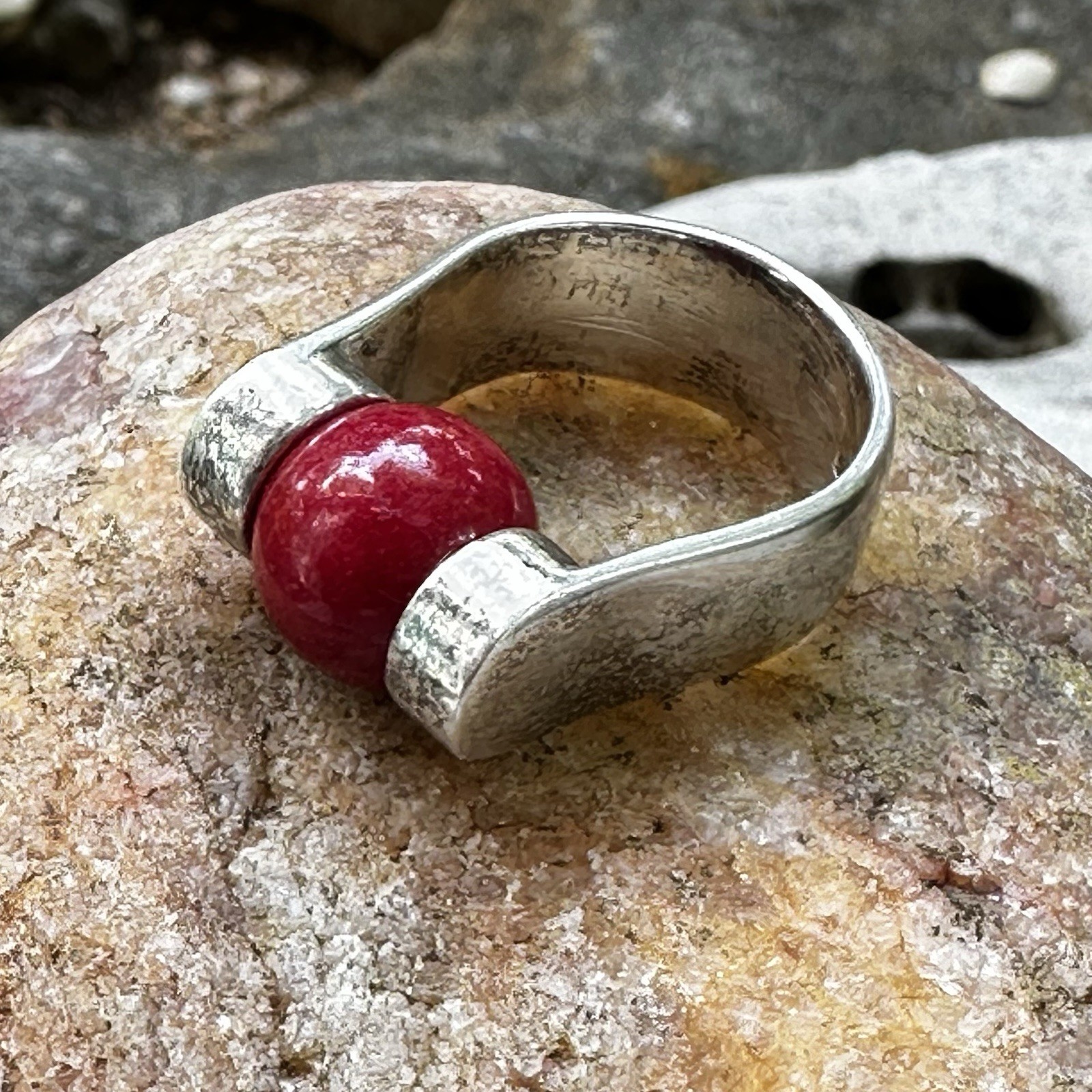 Vintage 925 Sterling Silver Tension Ring With Red Stone Removable Stone, Size 7
