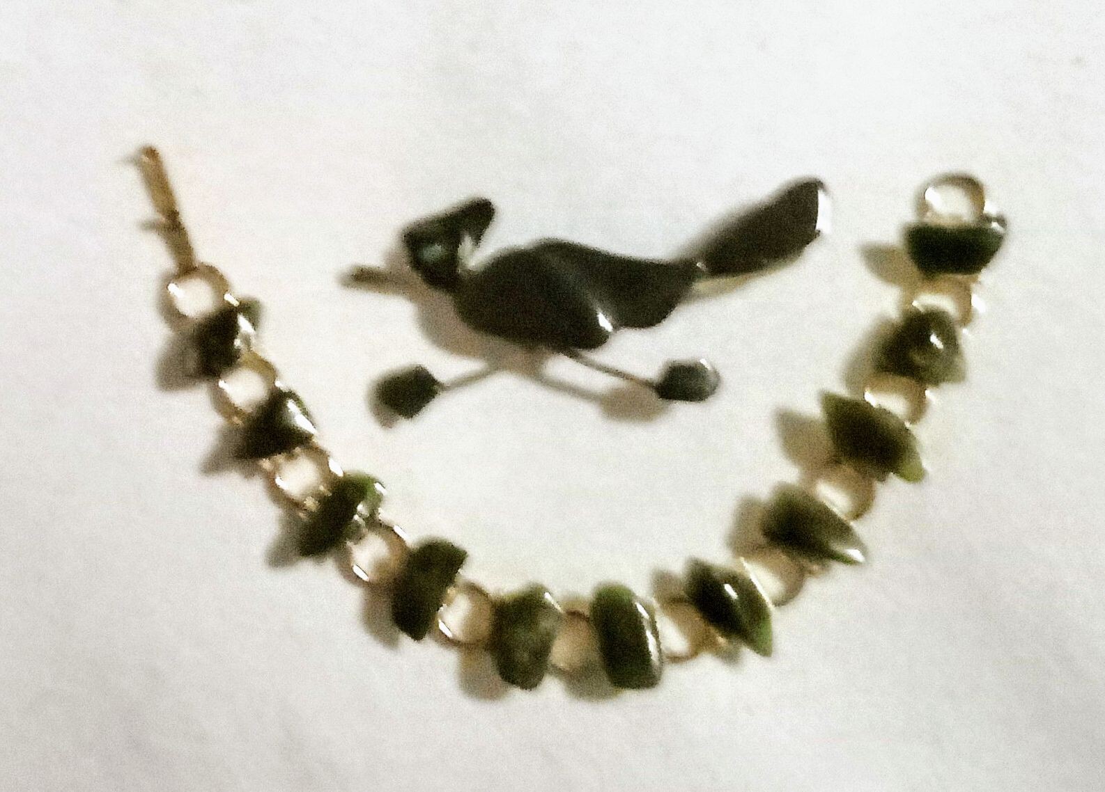 Vintage Polished Jade Green Stone Bracelet and Road Runner Pin Brooch EUC