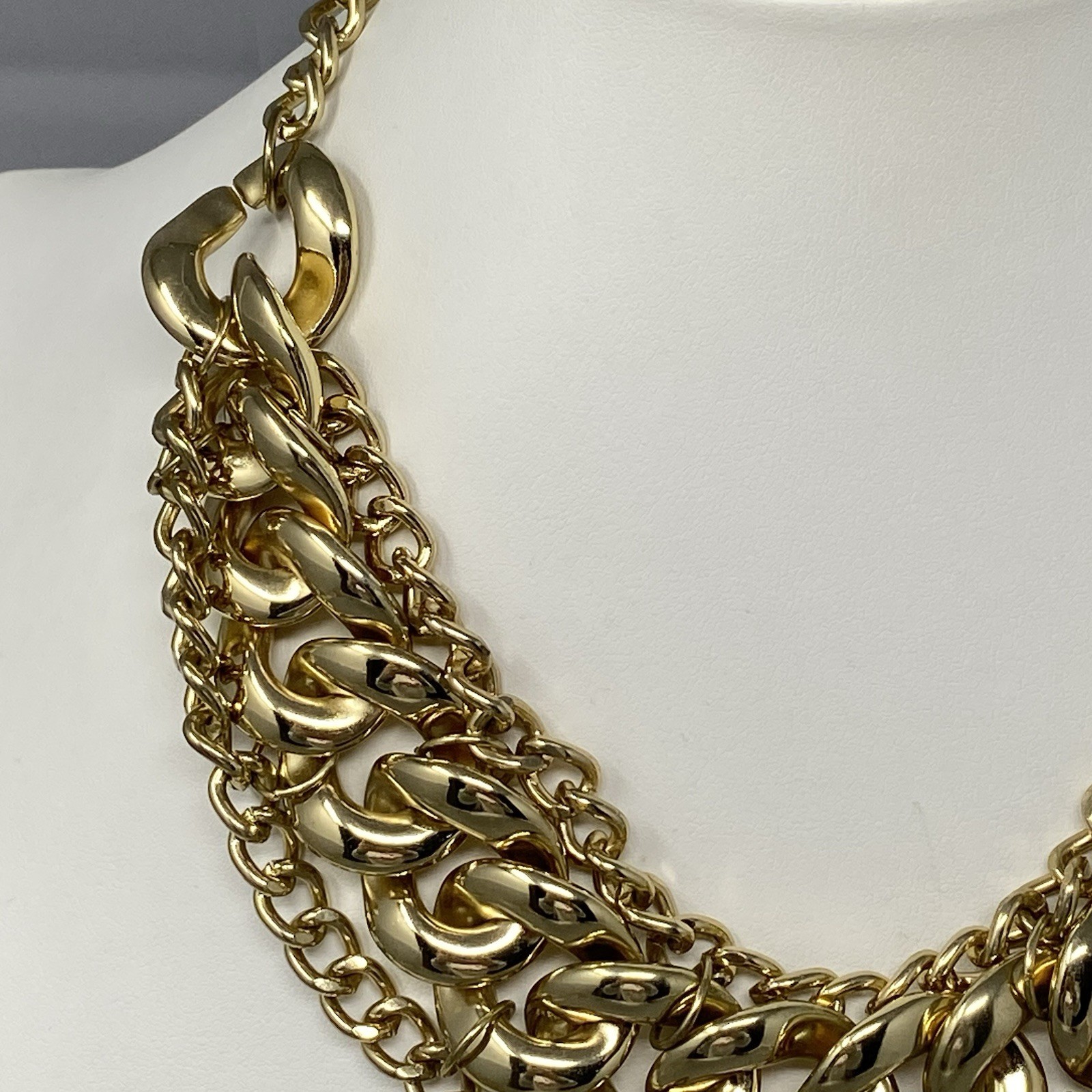 Designer Gold Tone Bib Chain Necklace Lightweight Curb Link Statement Collar 17″