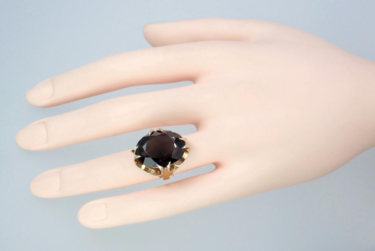 Super Vintage 1970s Solid 9K Rose Gold 14.4Ct Smokey Quartz Cocktail Ring 1971 5