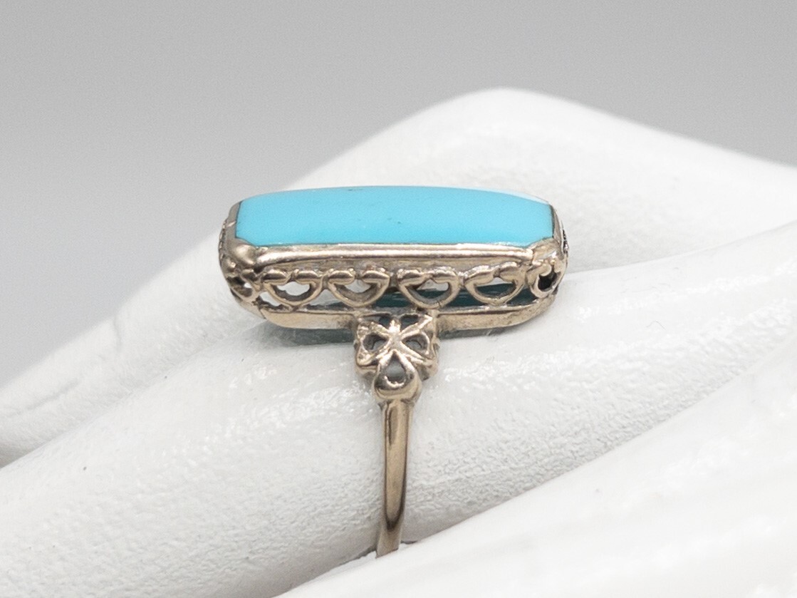 Antique Edwardian 1900s BDA 5ct Natural Turquoise 10k White Gold Filigree Ring