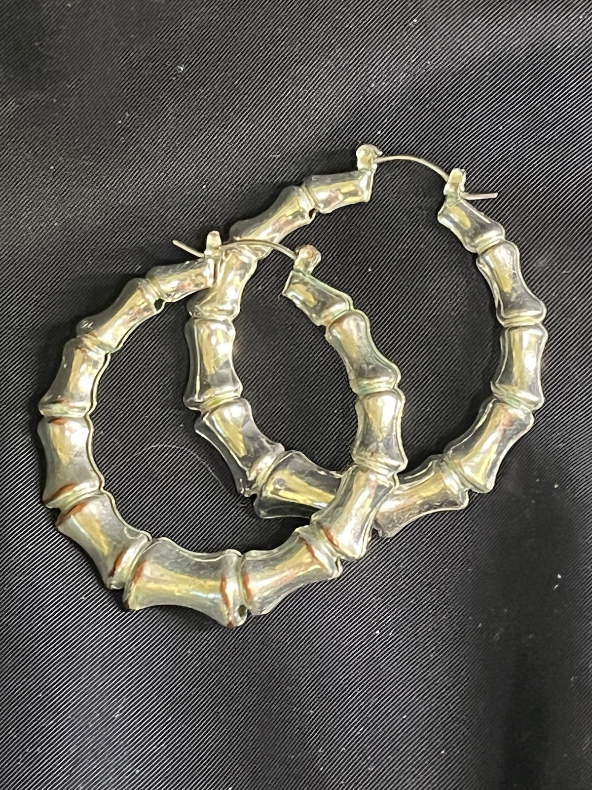 VINTAGE BAMBOO SILVER TONE METAL HOOP EARRINGS 2”