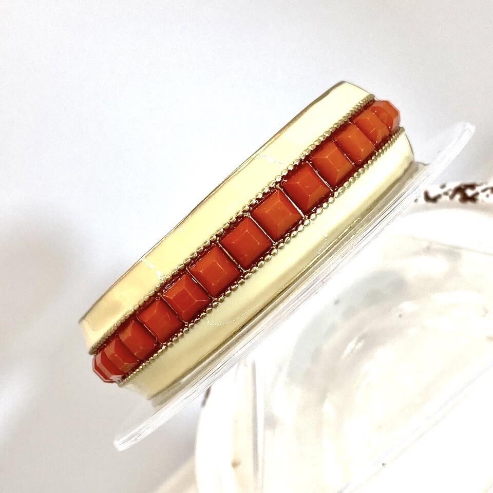 Vtg Gold Tone Hinged Cream Enamel Orange Resin Minimalist Bracelet Bangle Rare B