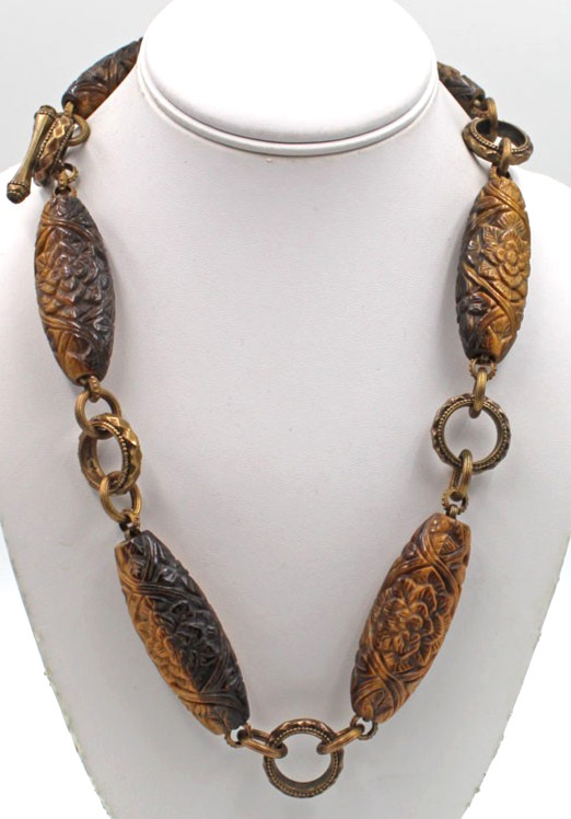 Stephen Dweck Bronze & Carved Floral Tiger’s Eye Station Pendant Necklace 23.25″