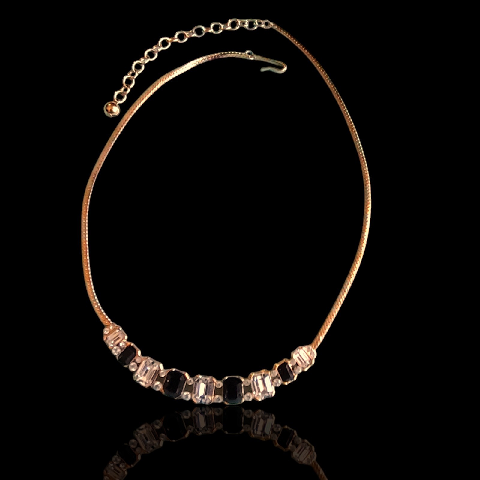 Vintage Black And Clear Glass Crescent Bar Herringbone Necklace 17.5in
