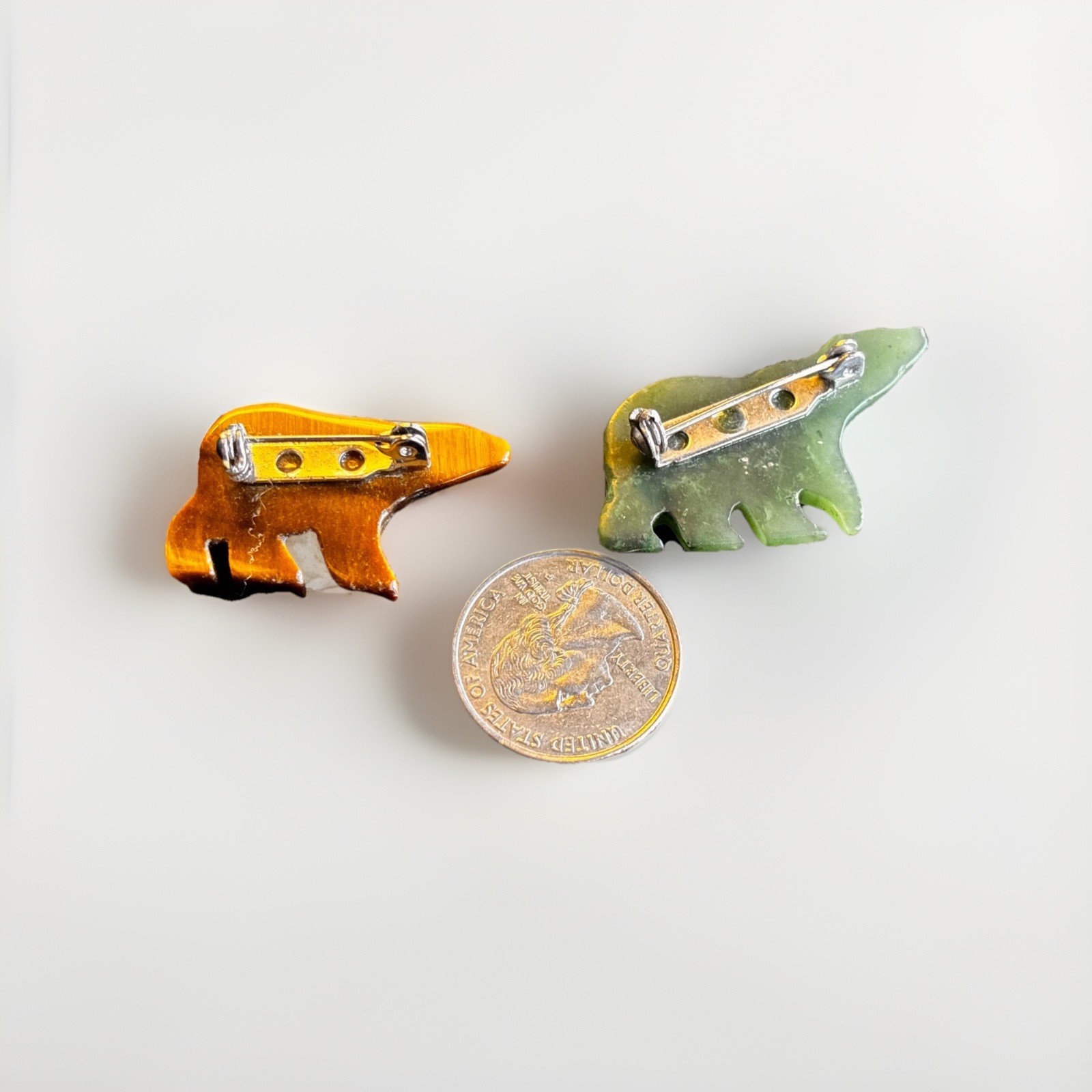 Two (2) Carved Stone Bear Lapel Pins Tigers Eye & Jade