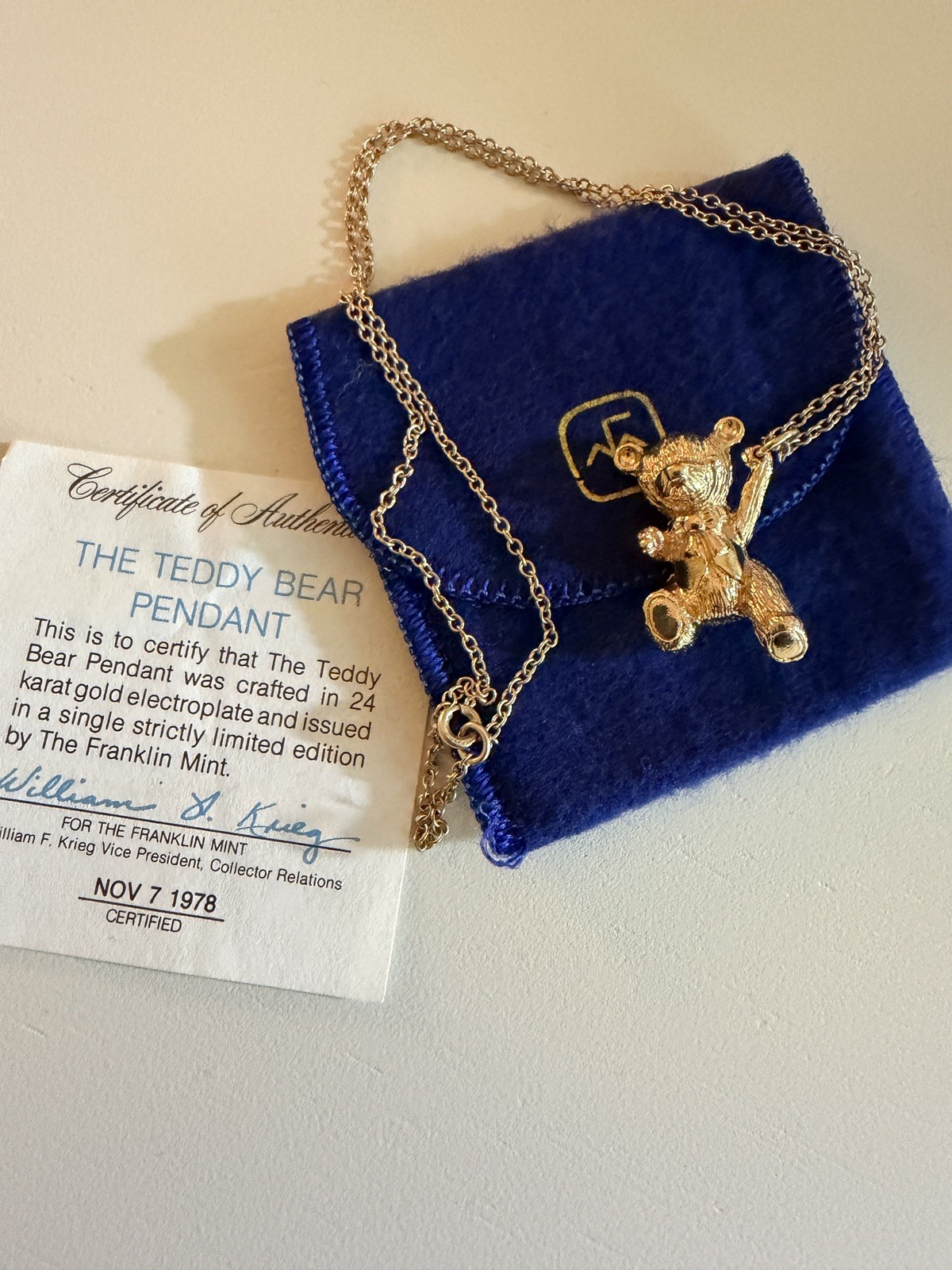 Vintage Franklin Mint 24kt Gold Plated 1978 Teddy Bear Pendant
