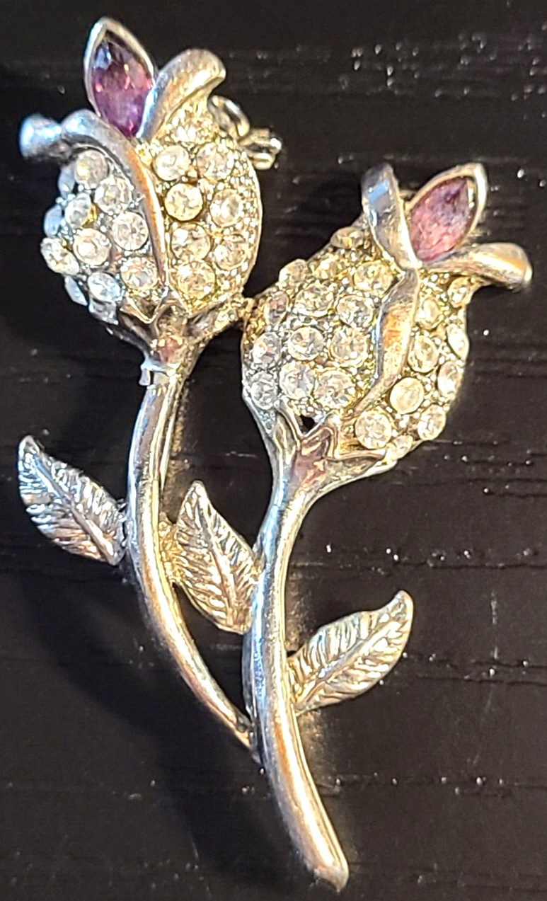VINTAGE STUNNING MULTICOLOR CRYSTAL PRETTY FLOWERS PIN BROOCH