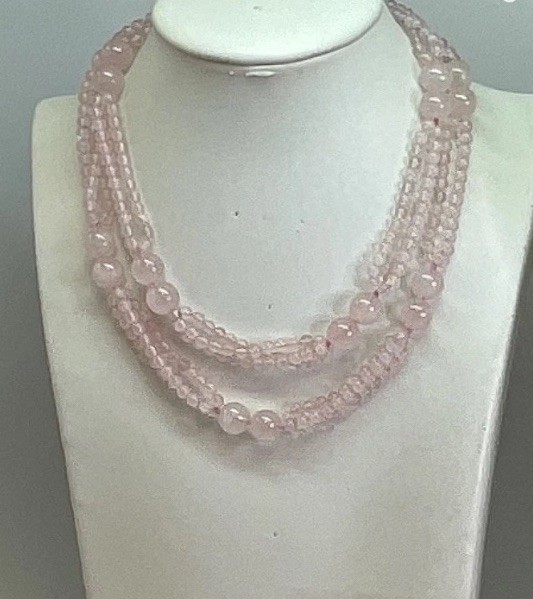 Vintage Rose Quartz Beaded PinkNecklace 28” Polished Round & Faceted Beads