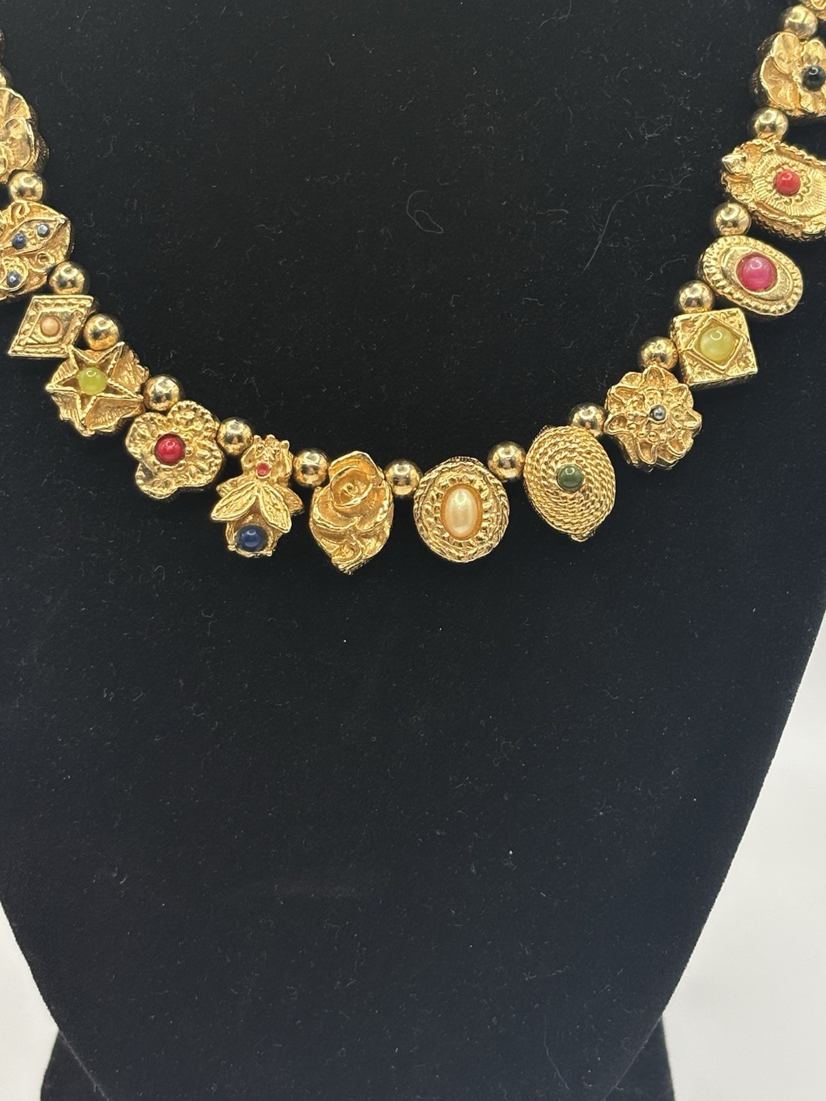RARE Vintage Unsigned Goldette Victorian Revival Sliding Charm Necklace 16″