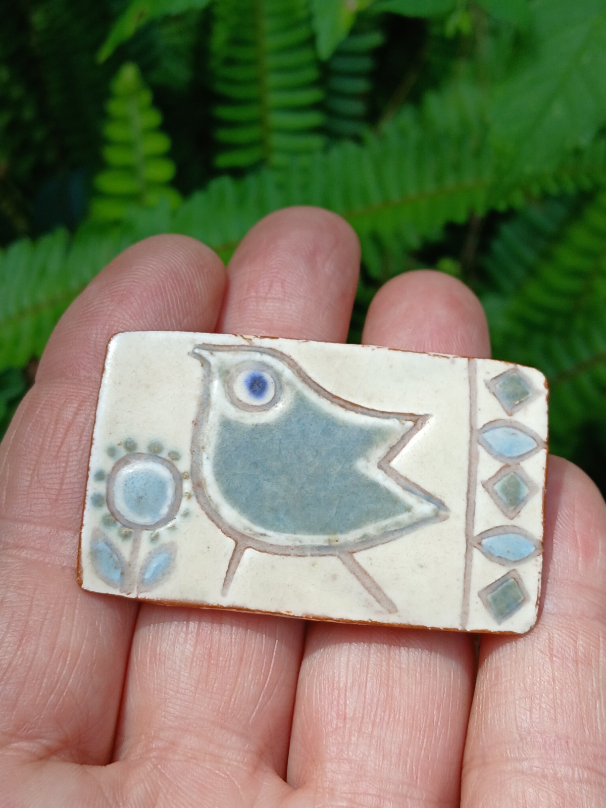 Vintage Studio Ceramic Art Brooch Pin Blue White Bird In Flower Garden Denmark