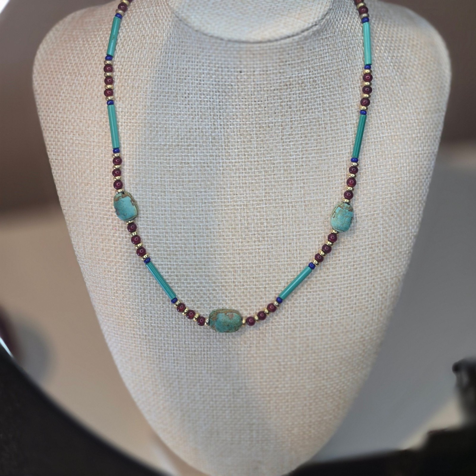 Vintage Egyptian Revival Necklace With Teal Scarab Beads & Red Gold Glass boho