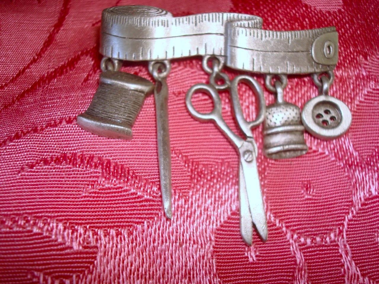 Vintage JJ Jonette Pewter Tape Measure Brooch Thimble Needle Thread Etc. Charms