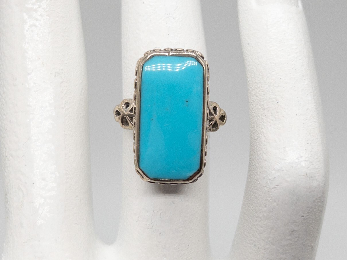 Antique Edwardian 1900s BDA 5ct Natural Turquoise 10k White Gold Filigree Ring