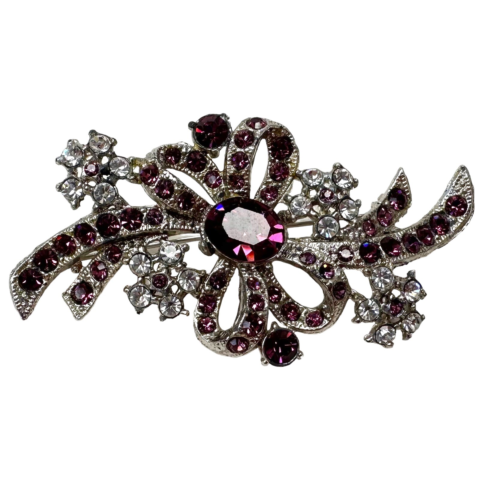 Vintage Lot Of 3 Silver Tone Rhinestone Brooch Pins Purple Blue Dangle