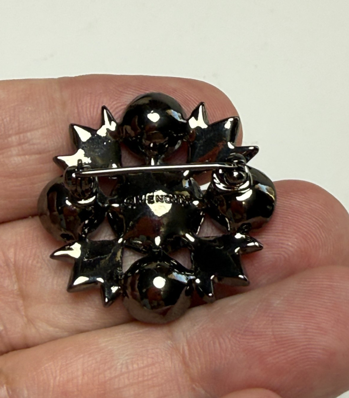 Signed Givenchy Brooch Dark Purple & Pink Rhinestone Crystals Gunmetal Starburst