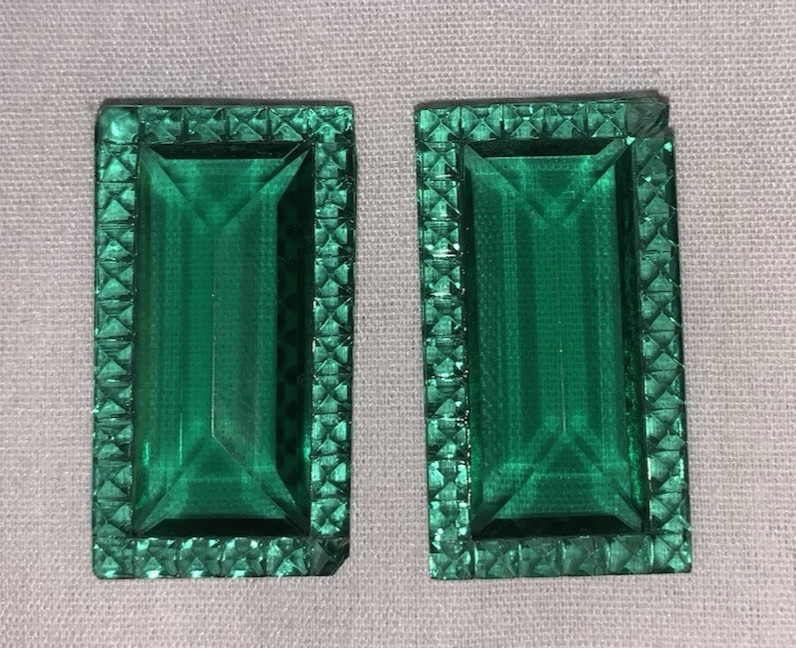 Lot of 2 Emerald Green Rectangle Faceted Stones-Double Sided-Circa 40’s – 50’s