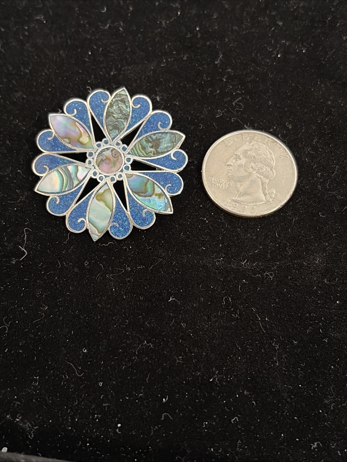 Vintage TAXCO Sterling Silver Lapis & Abalone Inlay Flower Brooch / Pendant