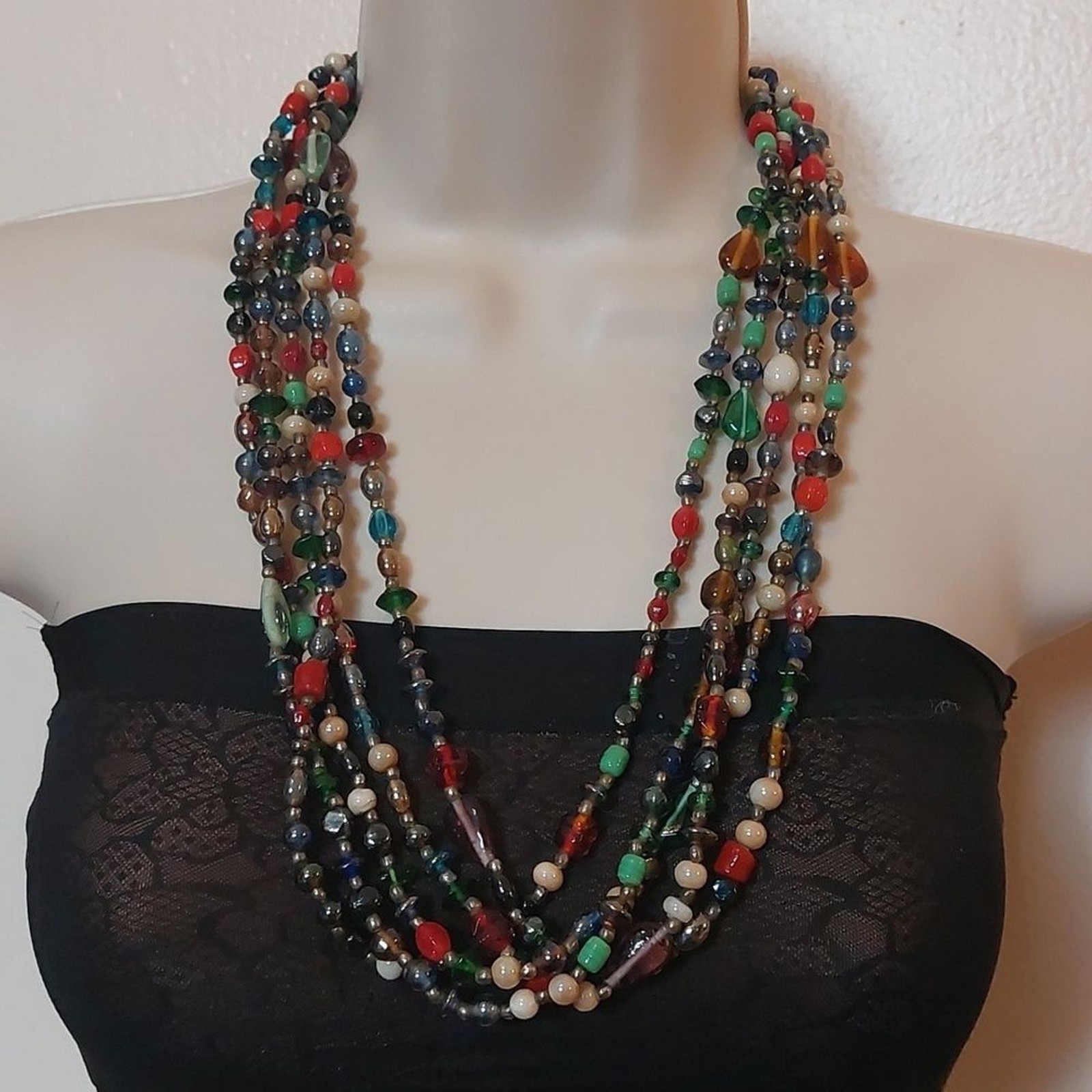Vintage Multicolor Assorted Glass And Silver Tone Beads 5 Strands Necklace