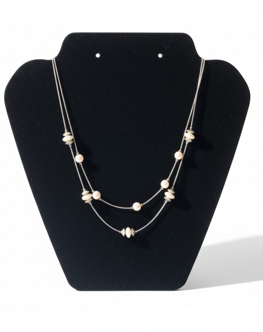 18″ Double Strand Gold-toned Chains W/Light-Colored Beads With Spacers Necklace
