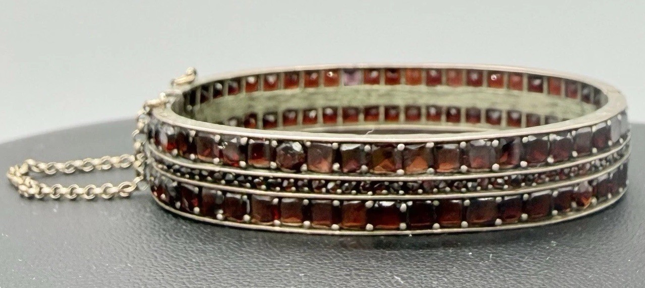 Antique Victorian Bohemian 3 Row Garnet Bangle Bracelet Silvertone